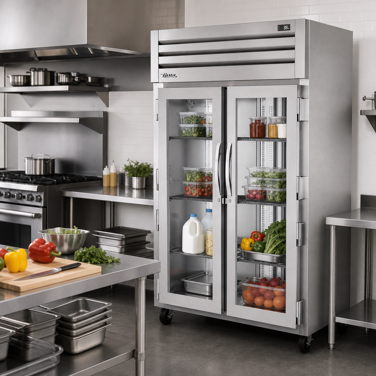 Product image #2 for True SPEC SERIES Two-Section Pass-Thru Reach-In Refrigerator with Front Glass Doors and Rear Stainless Steel Doors