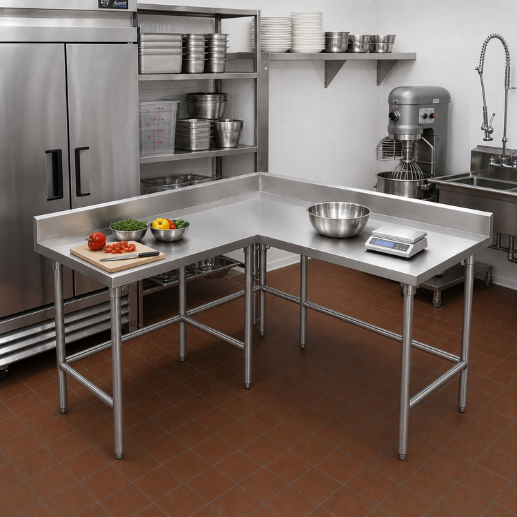 Product image #2 for Advance Tabco L-Shaped Stainless Steel Corner Work Table, 96 x 60 Inch, 24 Inch Deep, 14 Gauge 304 Top, 5 Inch Backsplash