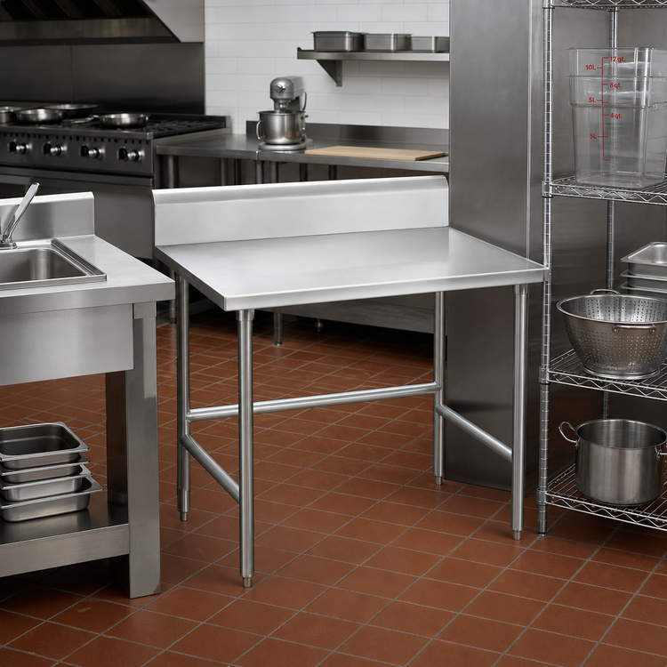 Product image #2 for Advance Tabco TVKG-300 30" x 30" Corner Stainless Steel Work Table with 10" Backsplash and Galvanized Open Base
