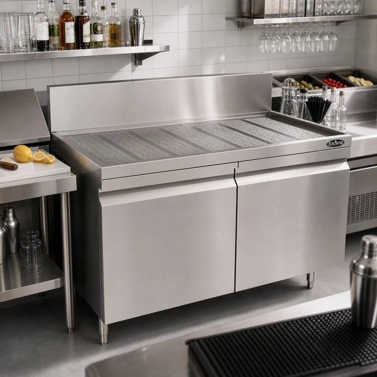 Product image #2 for Krowne Royal Series 42-Inch Freestanding Underbar Drainboard with Cabinet Base and 2 Locking Hinged Doors