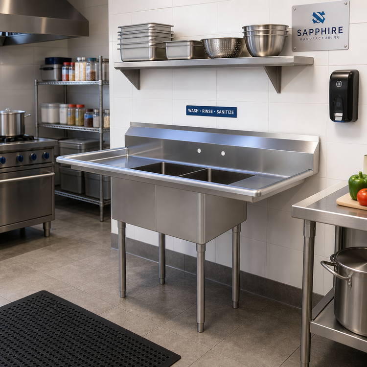 Product image #2 for Sapphire Manufacturing 56-Inch 2-Compartment Stainless Steel Sink with Dual Drainboards and Backsplash