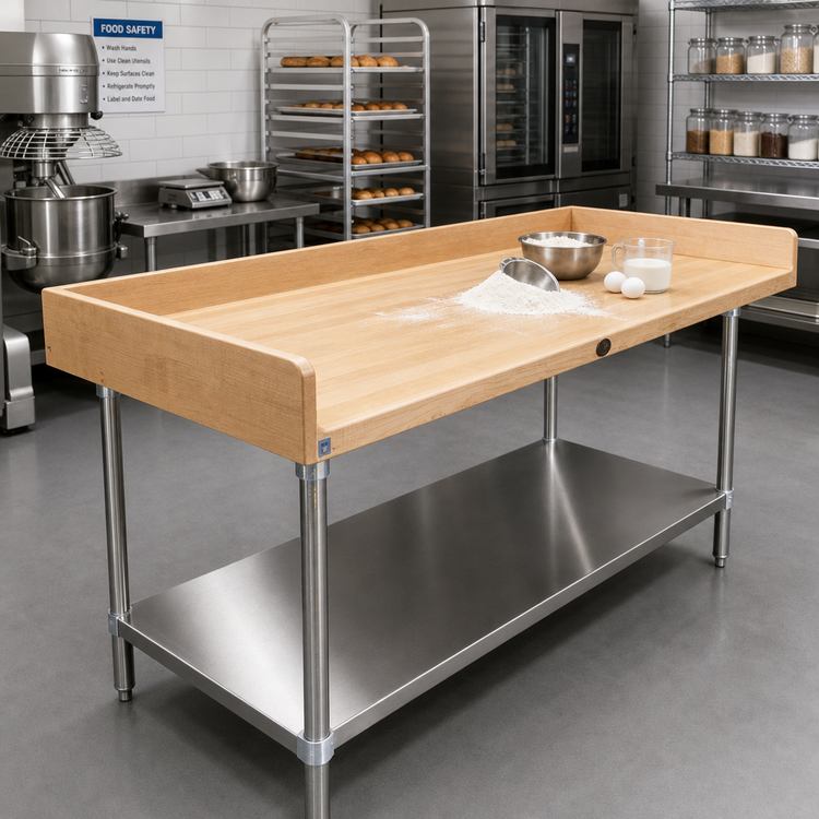 Product image #2 for Advance Tabco 72" x 30" Bakers' Table with 1-3/4" Wood Top, Stainless Steel Undershelf and 4" Splashes