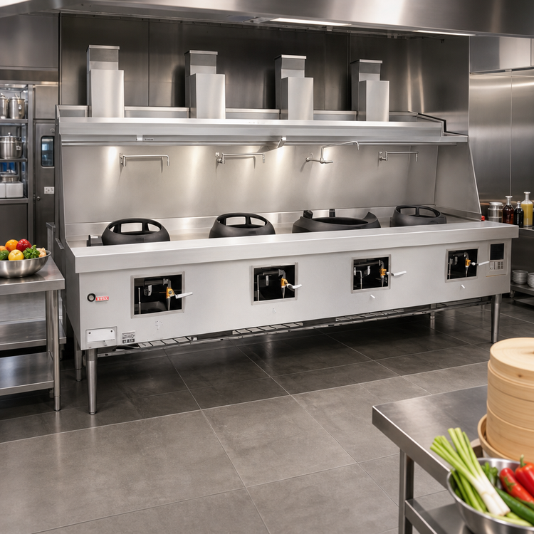 Product image #2 for York 4-Chamber Gas Wok Range with Water-Cooled Top and Stainless Steel Deck & Sides
