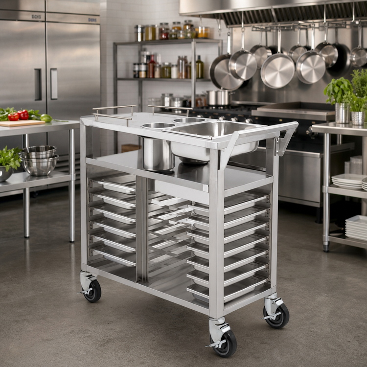 Product image #3 for John Boos Teppankayi Stainless Steel Serving Cart with 14 Half-Size Pan Capacity