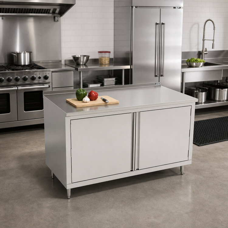 Product image #2 for John Boos 48" W x 30" D Stainless Steel Enclosed Work Table with Hinged Doors and 1-1/2" Rear Riser