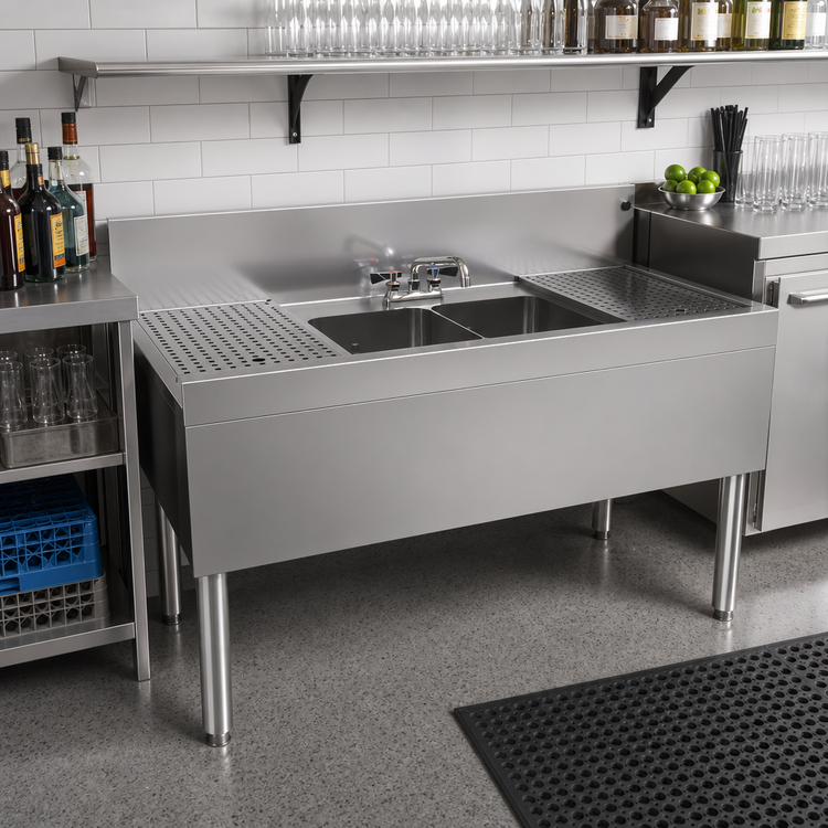 Product image #2 for Glastender Two-Compartment Stainless Steel Underbar Sink Unit with Left and Right Drainboards, 48 Inch x 24 Inch
