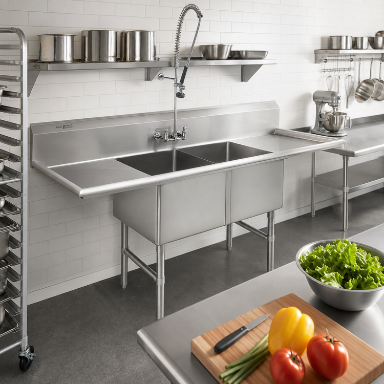 Product image #2 for John Boos B Series 2-Compartment Stainless Steel Sink with Left and Right Drainboards, 75-1/4 Inch Wide
