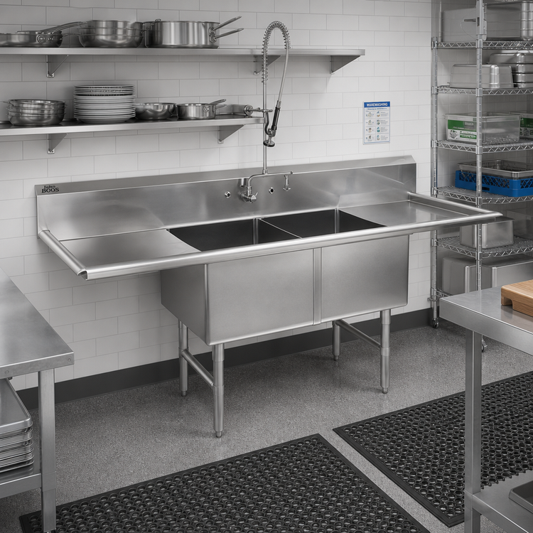 Product image #2 for John Boos B Series 2-Compartment Stainless Steel Sink with Left and Right Drainboards, 75-1/4 Inch Wide