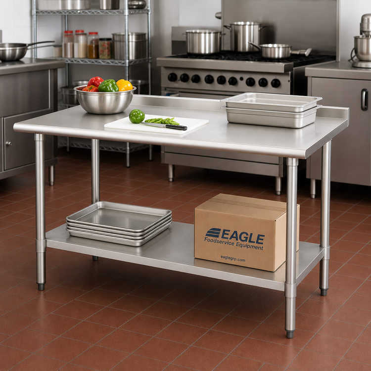 Product image #2 for Eagle Group Budget Series 60-Inch x 24-Inch 430 Stainless Steel Work Table with Rear Up-Turn and Undershelf