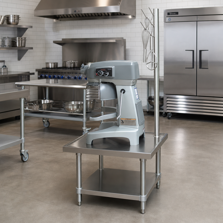 Product image #2 for Advance Tabco 30-Inch x 30-Inch x 24-Inch Equipment Stand with Stainless Steel Top, Utensil Rack, and Adjustable Undershelf