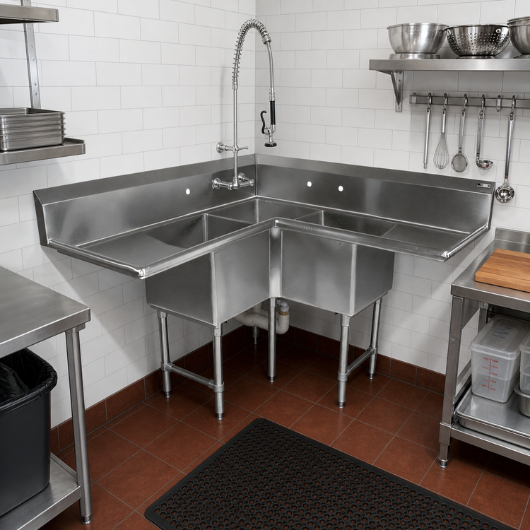 Product image #2 for John Boos Pro-Bowl 3-Compartment Corner Sink with Dual 30-Inch Drainboards, 16-Gauge 300 Series Stainless Steel