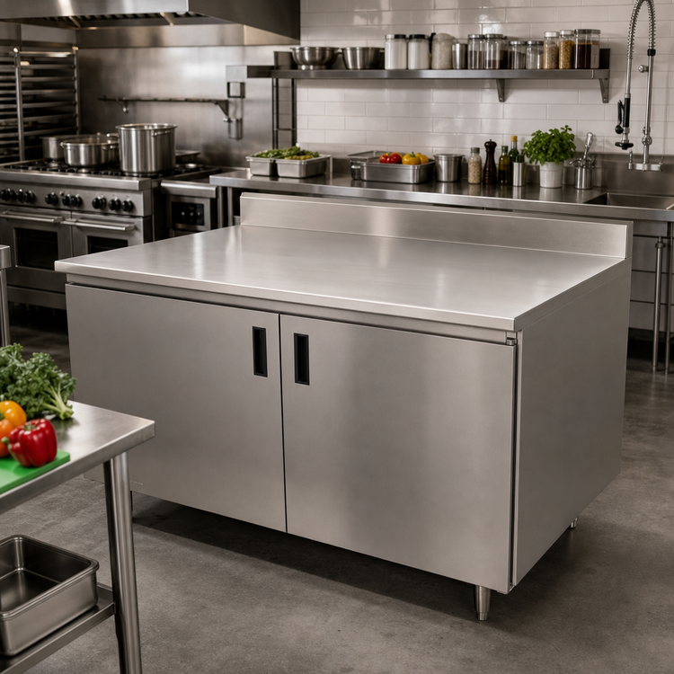 Product image #2 for Advance Tabco 120-Inch x 36-Inch Enclosed Work Table with Cabinet Base, Hinged Doors, 14-Gauge 304 Stainless Steel Top and 5-Inch Backsplash