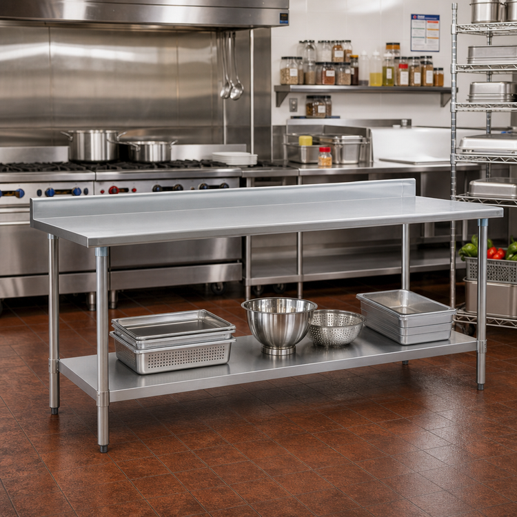 Product image #2 for Eagle Group Budget Series 144-Inch x 36-Inch 430 Stainless Steel Work Table with 4-1/2-Inch Backsplash and Adjustable Undershelf