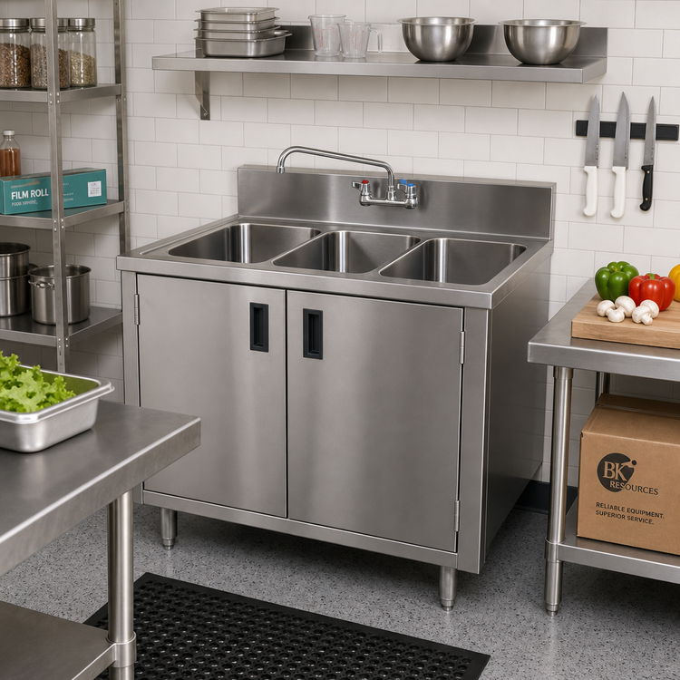 Product image #2 for BK Resources 3-Compartment Stainless Steel Sink Cabinet with Hinged Doors, 36 x 24 x 39-3/4 Inches