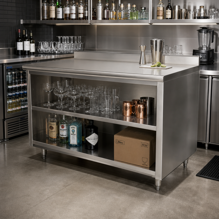 Product image #2 for Advance Tabco Special Value Series 48"W x 24"D 16-Gauge 304 Stainless Steel Underbar Work Table with 5" Backsplash and Mid Shelf