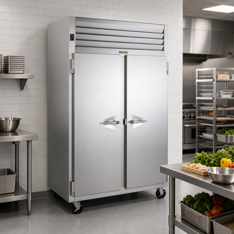 Product image #2 for Traulsen Spec-Line R Series 58-Inch Wide Two-Section Shallow-Depth Reach-In Freezer, Full-Height Solid Doors, Self-Contained, Stainless Steel