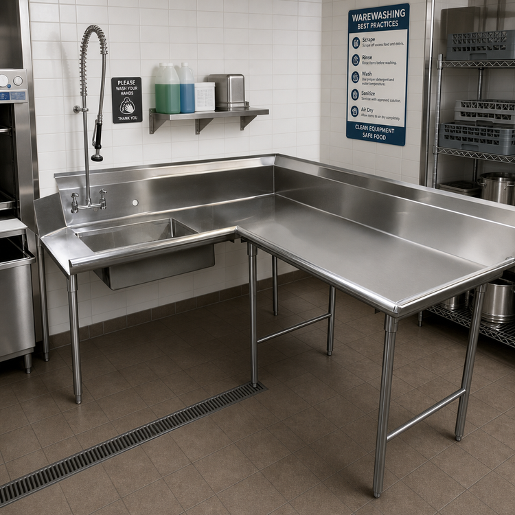 Product image #2 for Advance Tabco Korner Soil L-Shaped Right-Hand Dishtable with Pre-Rinse Sink, 119-Inch, 304 Stainless Steel