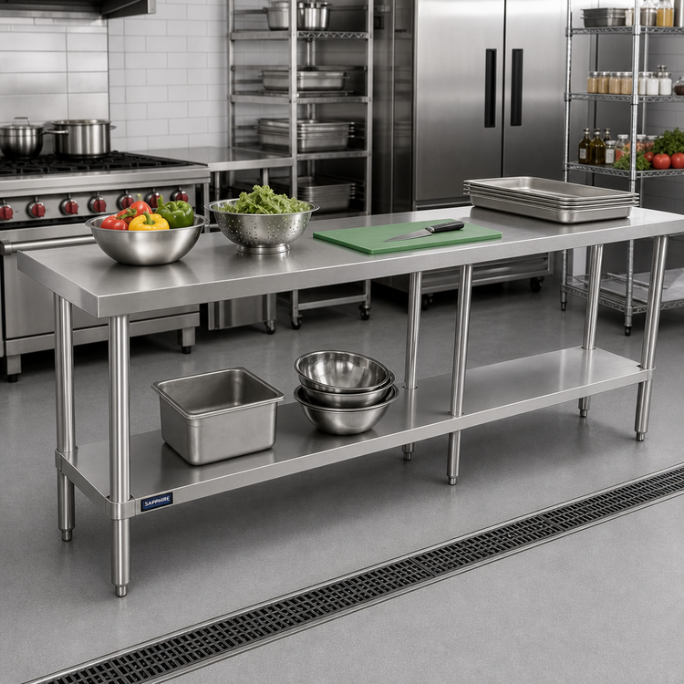 Product image #2 for Sapphire 84 Inch x 30 Inch 16-Gauge 304 Stainless Steel Work Table with Beveled Square Edge and Adjustable Undershelf