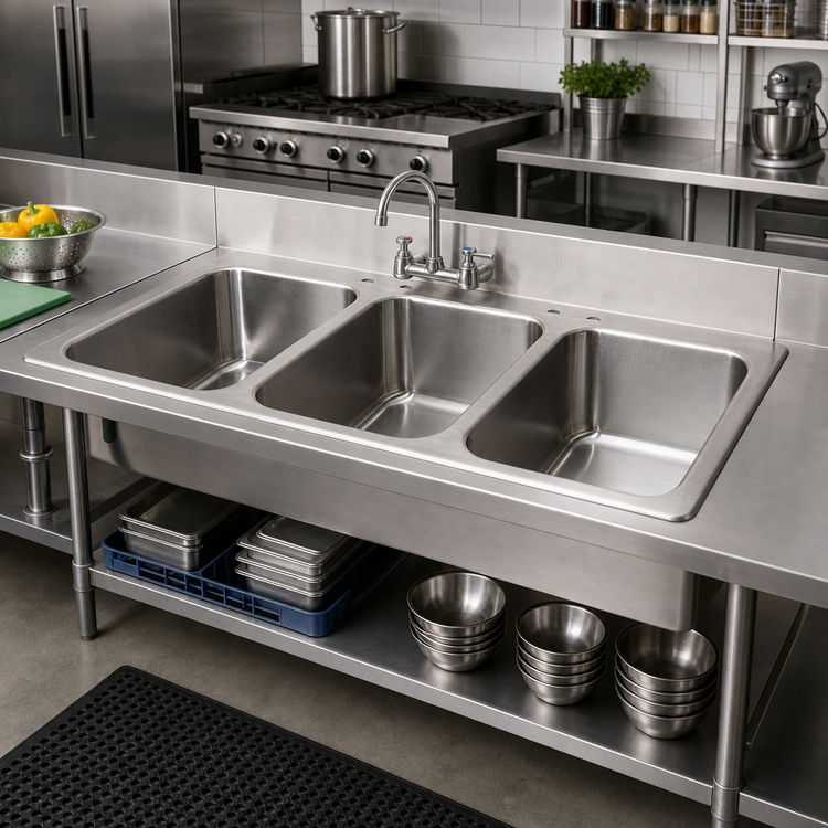 Product image #2 for BK Resources Deep Drawn 3-Compartment Drop-In Sink, 55-3/4"W x 25"D x 12"H, 16" x 20" x 12" Bowls