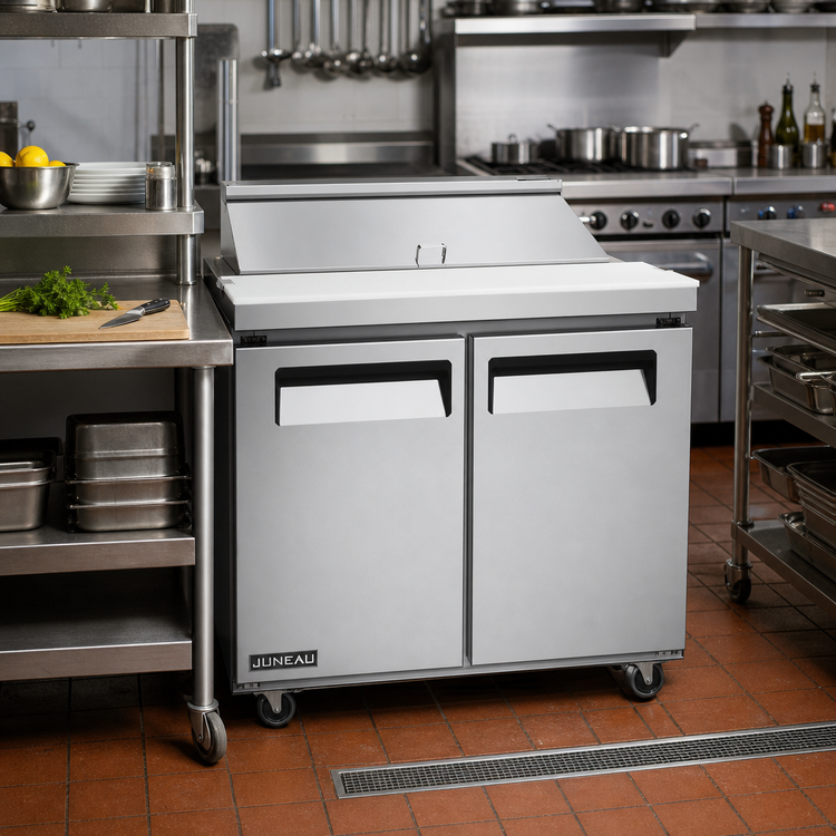Product image #2 for Juneau 36-Inch Two-Section Refrigerated Prep Table with Rear-Mounted Self-Contained Refrigeration
