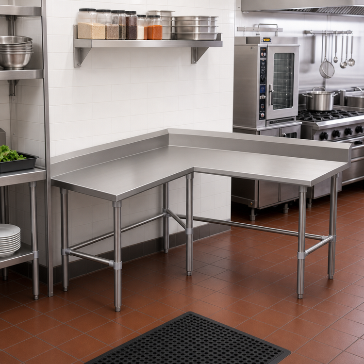 Product image #2 for John Boos L-Shaped Stainless Steel Corner Work Table, 24-Inch Working Depth, 5-Inch Backsplash