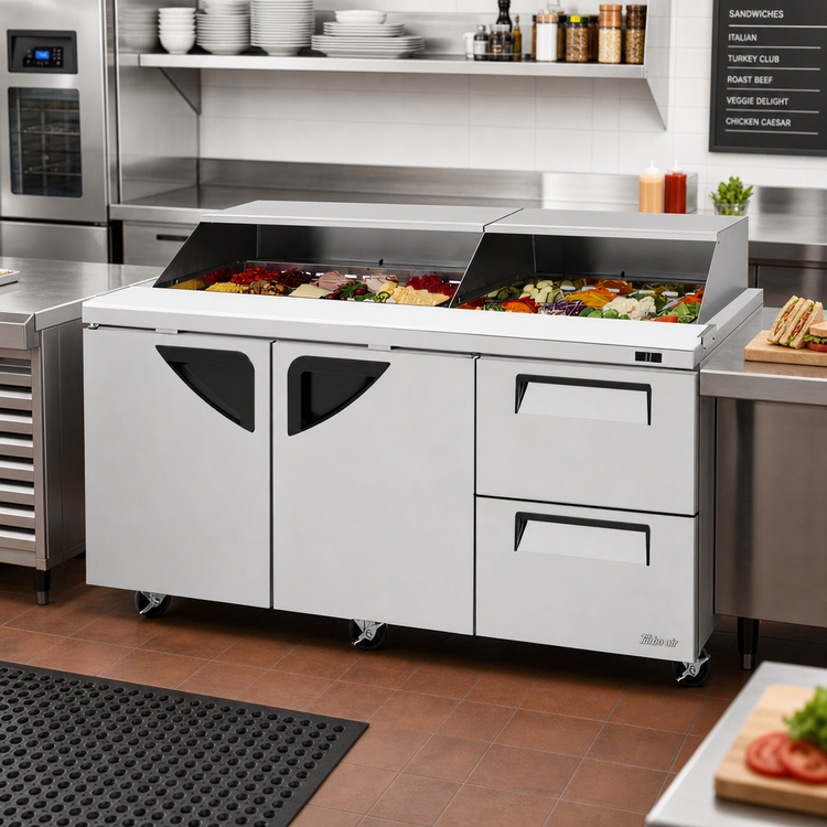 Product image #2 for Turbo Air Super Deluxe Three-Section Sandwich/Salad Prep Table with Slide-Back Lid, 72-5/8-Inch, 2 Doors and 2 Drawers, 23 Cu. Ft.