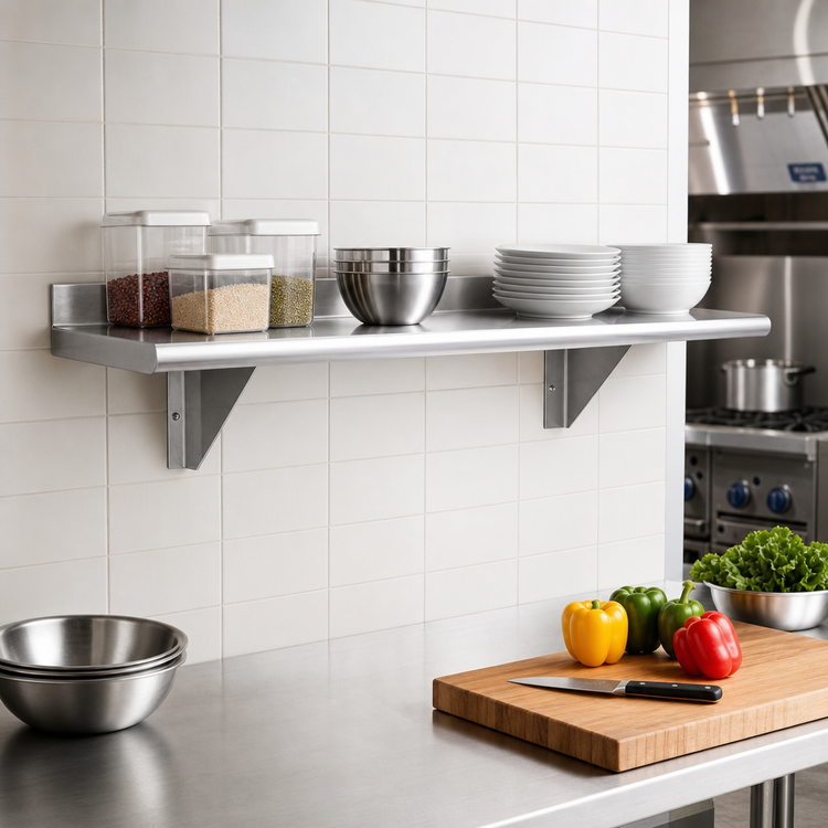 Product image #2 for Advance Tabco 48-Inch x 10-Inch Wall-Mounted Shelf, 16-Gauge 304 Stainless Steel, Satin Finish