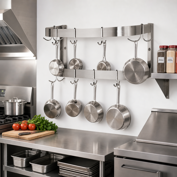 Product image #2 for Advance Tabco Special Value Series 48-Inch Wall-Mounted Double-Bar Stainless Steel Pot Rack with 12 Hooks