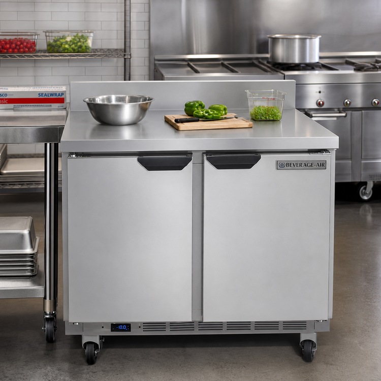 Product image #2 for Beverage-Air Two-Section 36-Inch Worktop Freezer with Solid Doors and Foamed-In-Place Backsplash