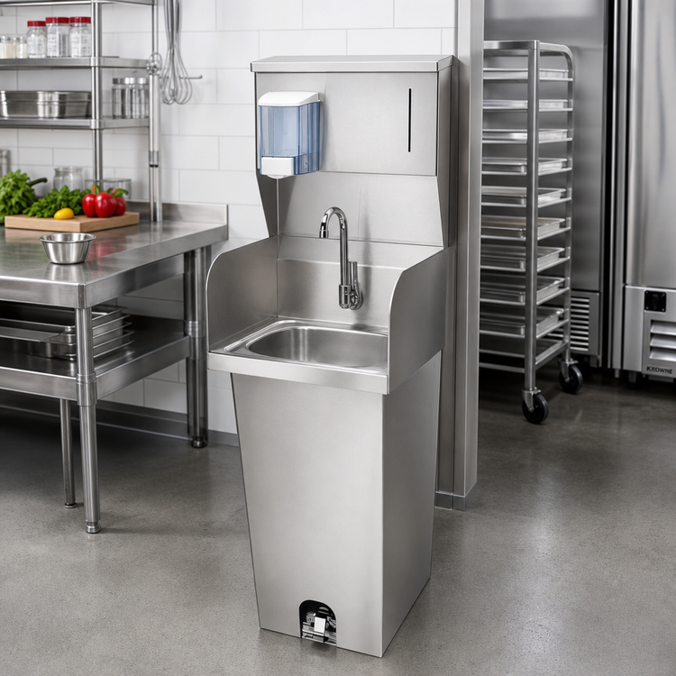 Product image #2 for Krowne Pedestal-Mounted Stainless Steel Hand Sink with Foot Pedal Valve, Side Splashes, and Soap/Towel Dispenser