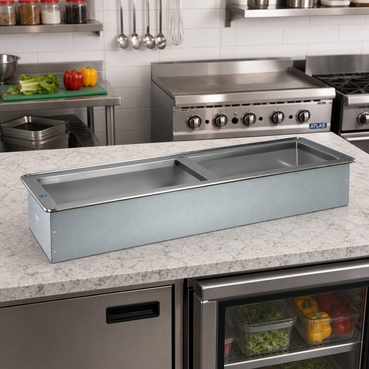 Product image #2 for Atlas Metal Slim-Line 2-Pan Iced Cold Drop-In Food Well, 4-5/8 Inch Deep