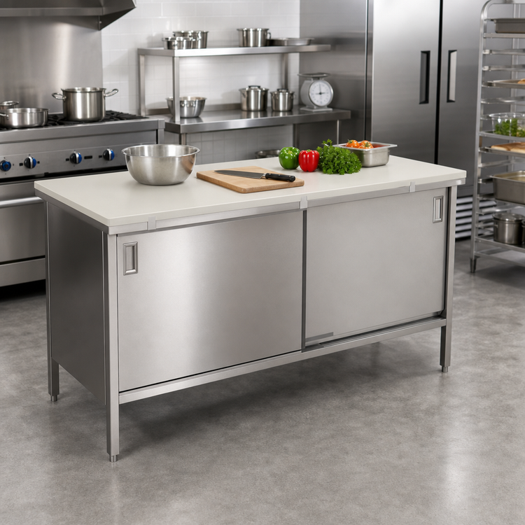 Product image #2 for John Boos Enclosed Base Poly Top Work Table with Sliding Doors and Stainless Steel Base, 84 x 30 Inches, 3/4-Inch Thick