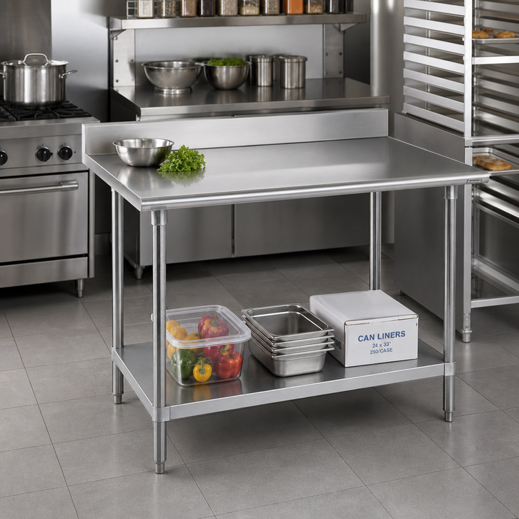 Product image #2 for Advance Tabco KMS-244 48 Inch x 24 Inch Stainless Steel Work Table with 5 Inch Backsplash and Adjustable Undershelf