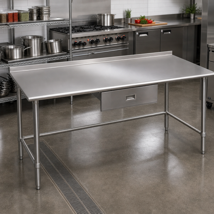 Product image #2 for Deluxe Series 108" W x 24" D 16-Gauge 300 Series Stainless Steel Work Table with Rear Upturn and Stainless Steel Tubular Base
