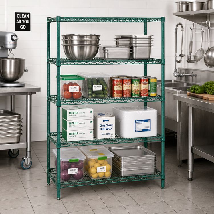 Product image #2 for Quantum 42 Inch x 14 Inch x 54 Inch 4-Shelf Wire Shelving Starter Kit, Stationary, Green Epoxy Antimicrobial Finish
