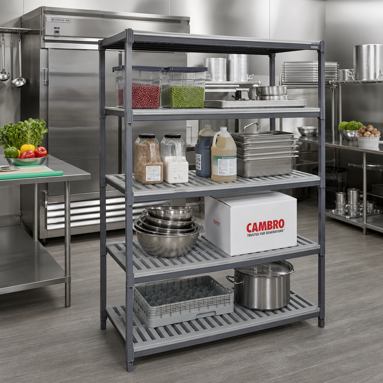 Product image #2 for Cambro Camshelving Basics Plus 18" x 48" 4-Shelf Vented Shelf Kit, Brushed Graphite