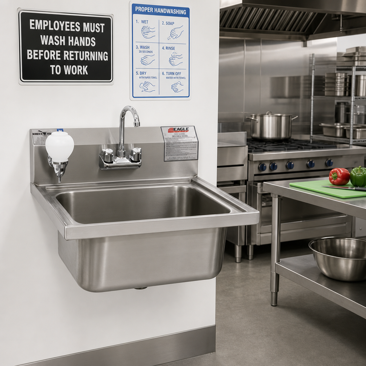 Product image #2 for Eagle Group Wall-Mount Lavatory Hand Sink with Gooseneck Faucet, Soap Dispenser, and Basket Drain