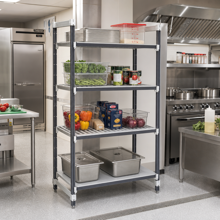 Product image #2 for Cambro Camshelving Elements XTRA 4-Tier Stationary Starter Unit, 24"W x 30"L x 84"H, Vented/Solid Polymer Shelving, Speckled Gray