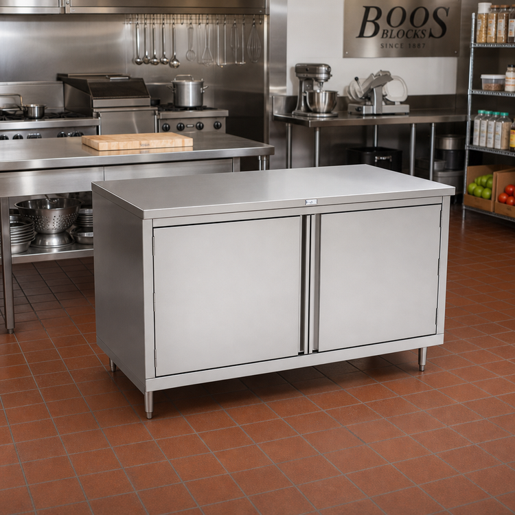 Product image #2 for John Boos 48" x 30" Stainless Steel Flat Top Enclosed Work Table with Hinged Door Cabinet Base