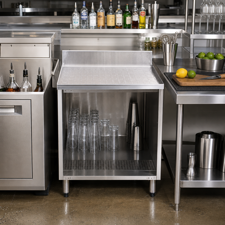 Product image #2 for CHOICE by Glastender 24-Inch Wide x 19-Inch Deep Stainless Steel Open Front Underbar Drainboard Cabinet, No Doors