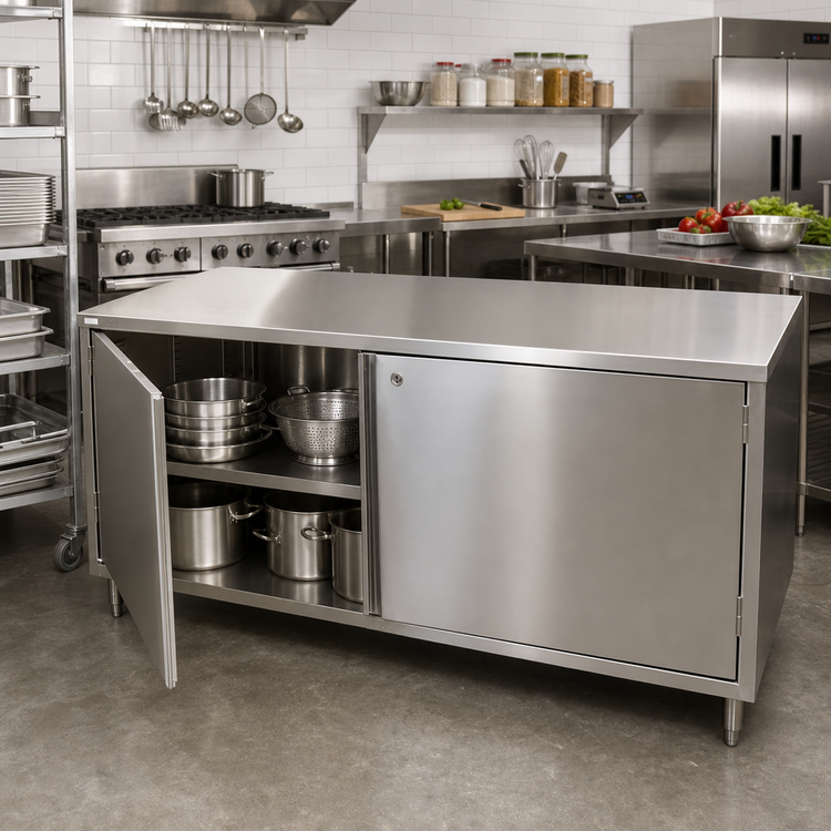 Product image #2 for BK Resources Dual-Access Stainless Steel Chef Table Cabinet Base with Locking Hinged Doors, 72 x 30 x 34-3/4 Inches