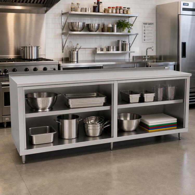 Product image #2 for John Boos 96 Inch x 30 Inch Open Front Stainless Steel Cabinet Base Work Table with 1-1/2 Inch Rear Up-Turn