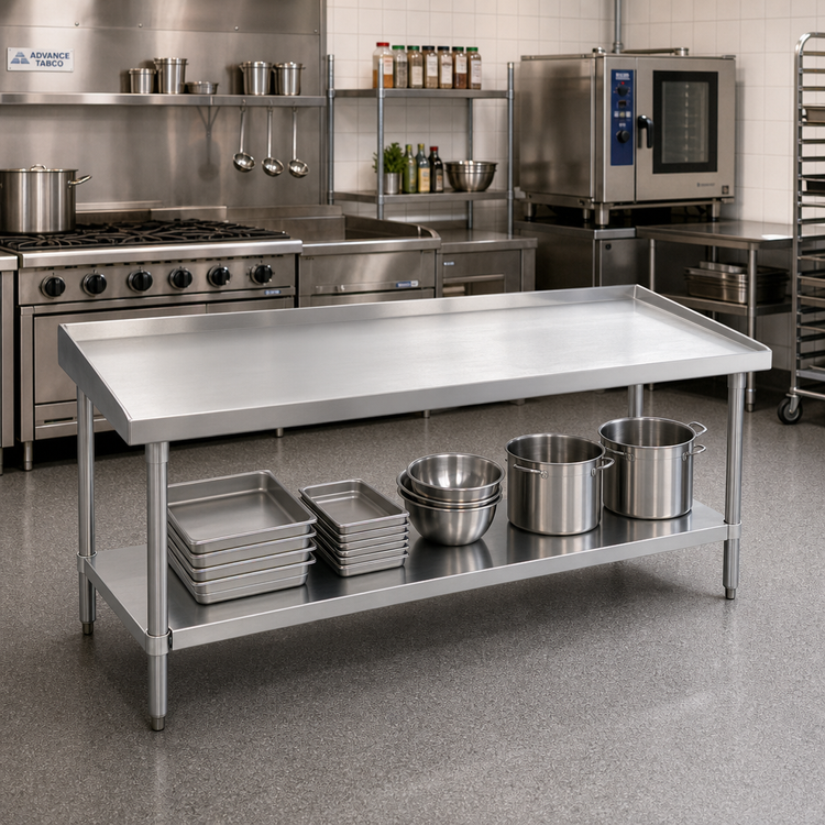 Product image #2 for Advance Tabco 84-Inch x 30-Inch Galvanized Base Stainless Steel Equipment Stand with Adjustable Undershelf