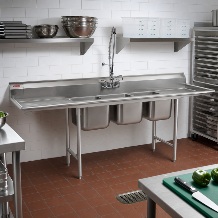 Product image #2 for Eagle 414 Series Three-Compartment Coved-Corner Sink - 126 Inches Wide with Dual 24-Inch Drainboards