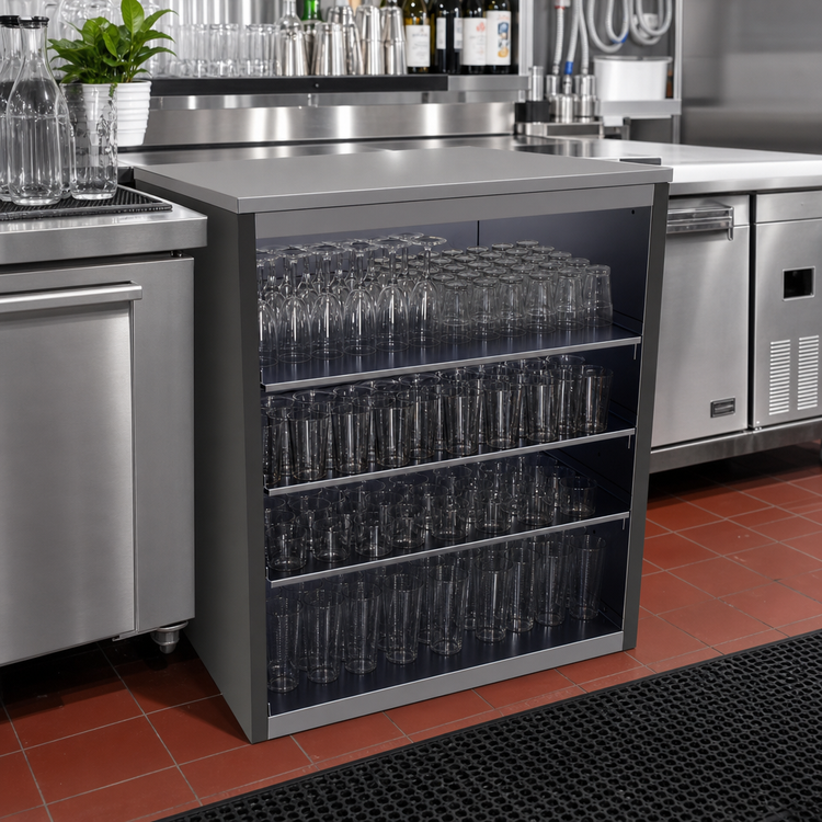 Product image #2 for Glastender Open Front Back Bar Glass Storage Cabinet with 3 Adjustable Stainless Steel Shelves, 30 Inch Wide
