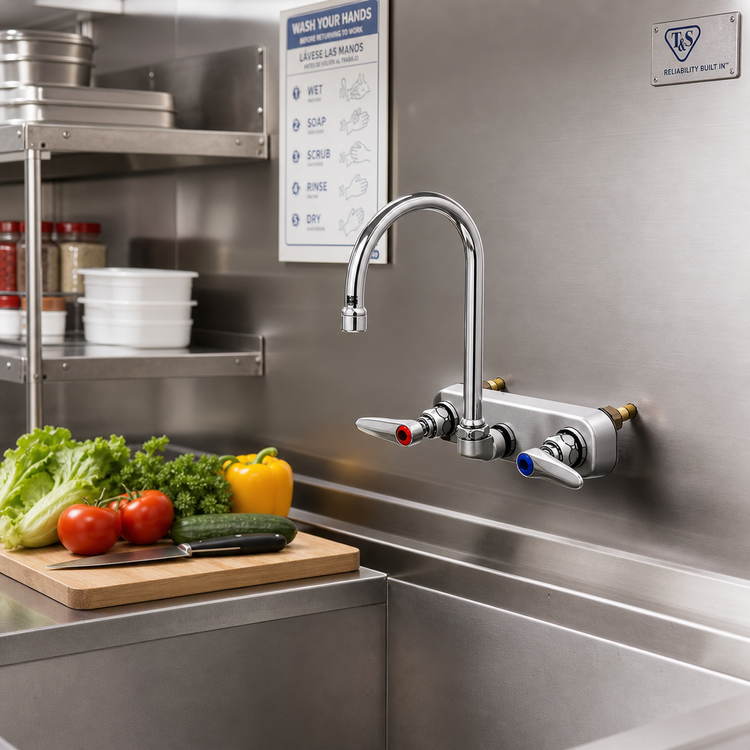 Product image #2 for T&S Brass Wall Mount Workboard Faucet with 5 3/4-Inch Swivel Gooseneck Spout, 8-Inch Centers