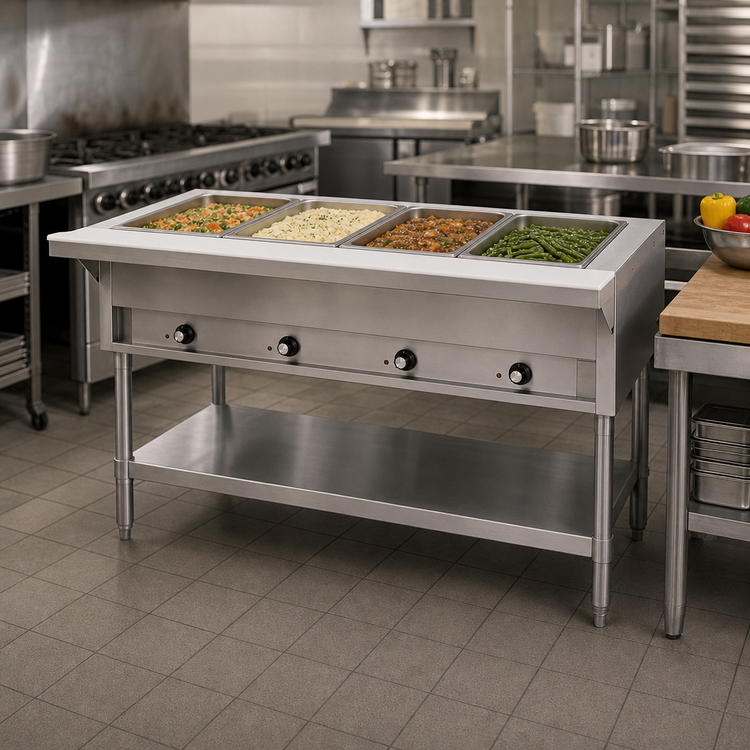 Product image #2 for Eagle Group 63-1/2 Inch 4-Well Liquid Propane Hot Food Table with Open Base, Cutting Board, and Undershelf