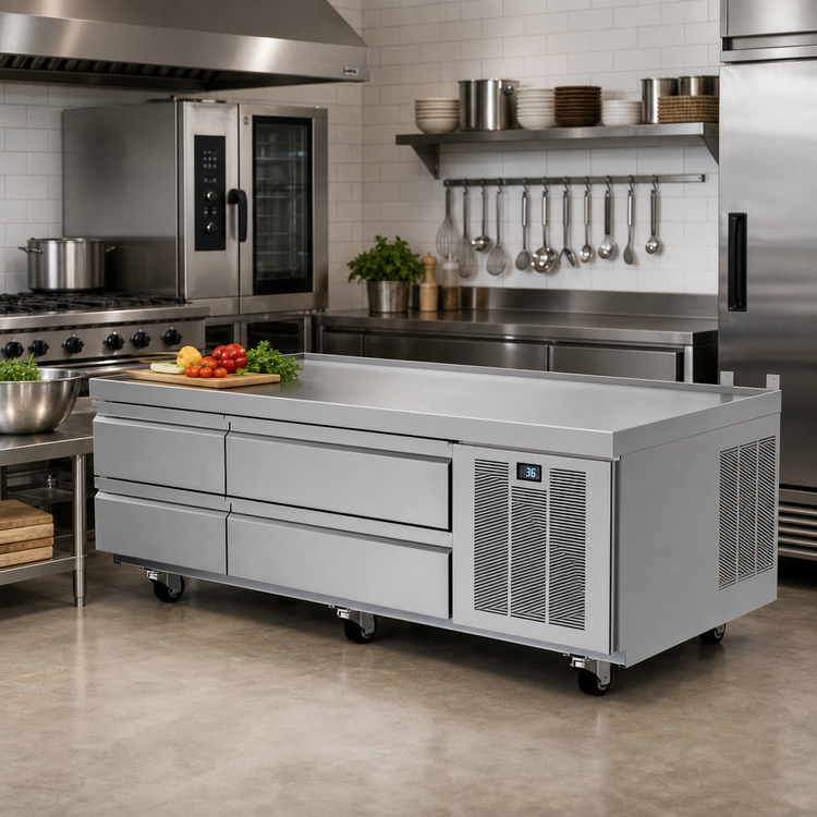 Product image #2 for Delfield Low-Profile 2-Section Refrigerated Equipment Stand, 62-1/4 Inch Wide, 4-Drawer, Side-Mounted Self-Contained R290
