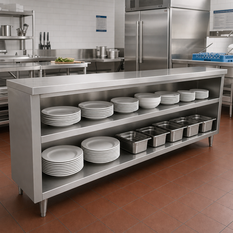 Product image #2 for Advance Tabco Stainless Steel Dish Cabinet with Open Base and Mid-Shelf, 144-Inch W x 15-Inch D x 35.5-Inch H