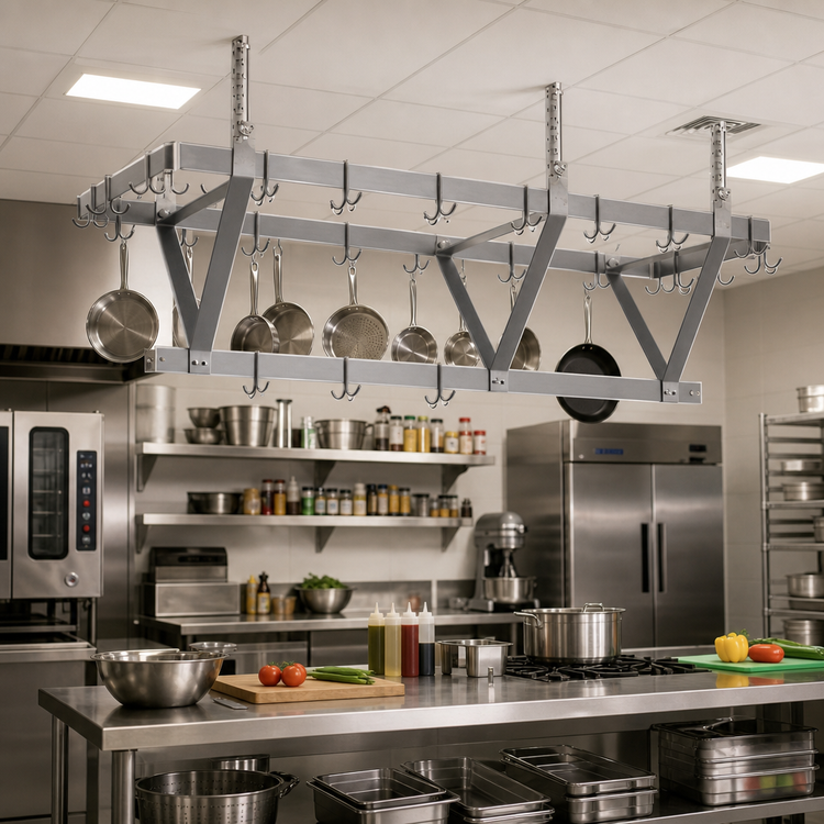 Product image #2 for Eagle Group Ceiling-Mounted Triple-Bar Aluminum Pot Rack with 21 Hooks, 76 x 20 x 18 Inches